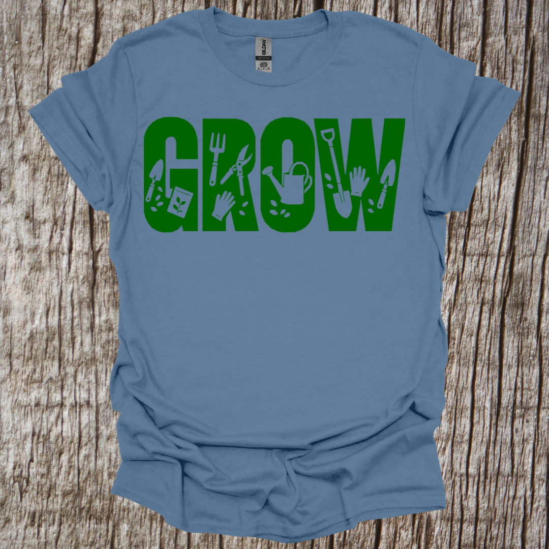 GROW and garden tools graphic T shirt