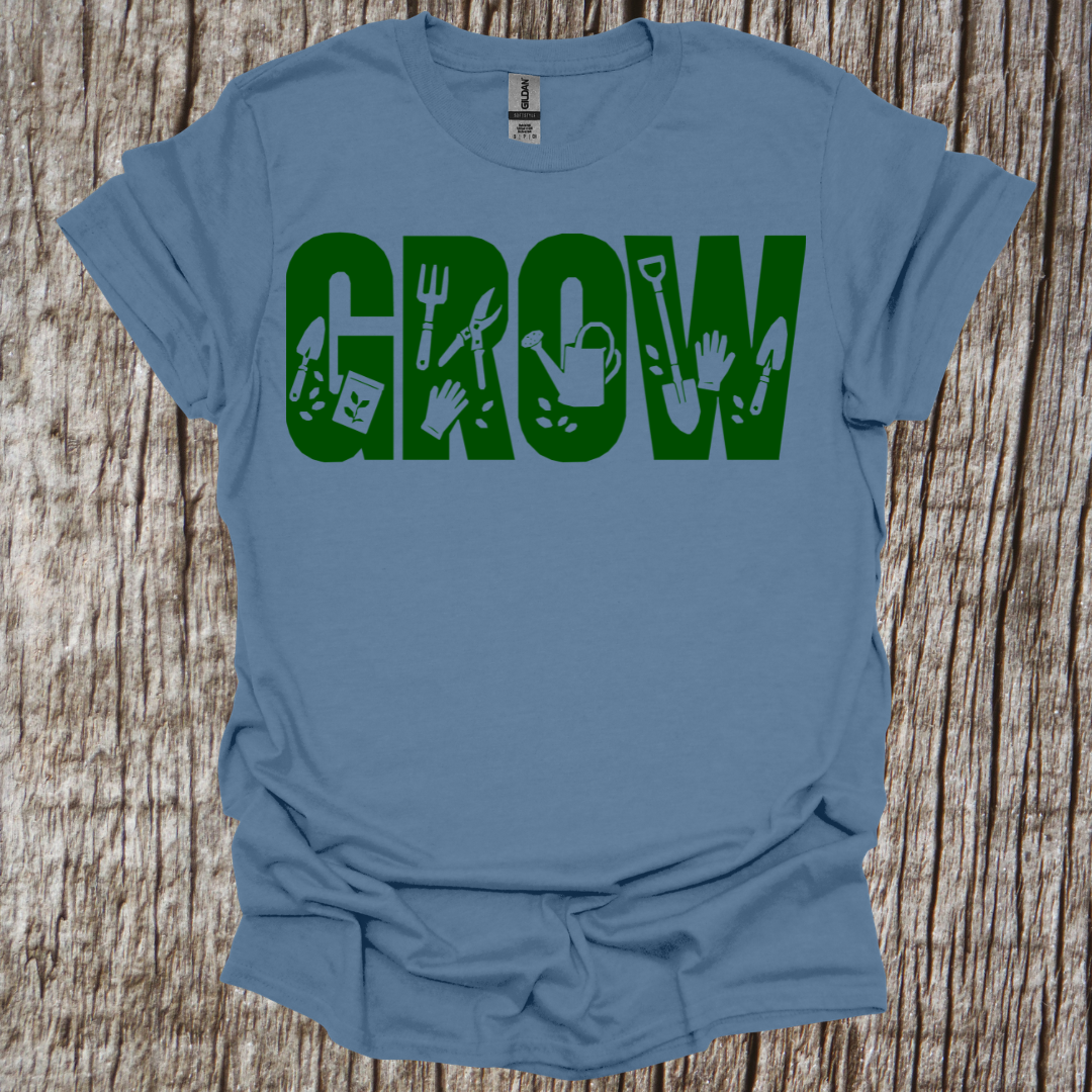 GROW and garden tools graphic T shirt