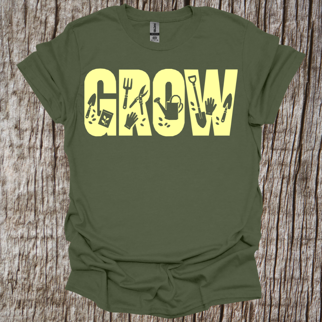 GROW and garden tools graphic T shirt
