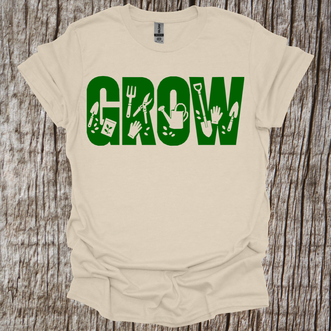 GROW and garden tools graphic T shirt